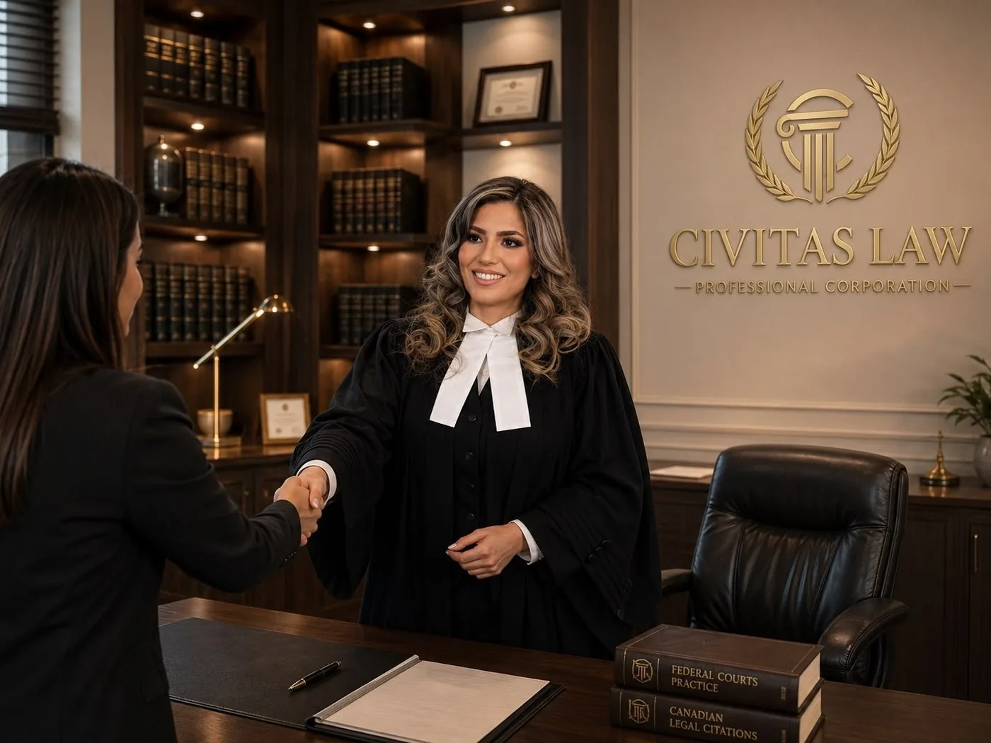 Nasibeh Mehrpouyan welcoming a client at the Civitas Law office in North York, Toronto