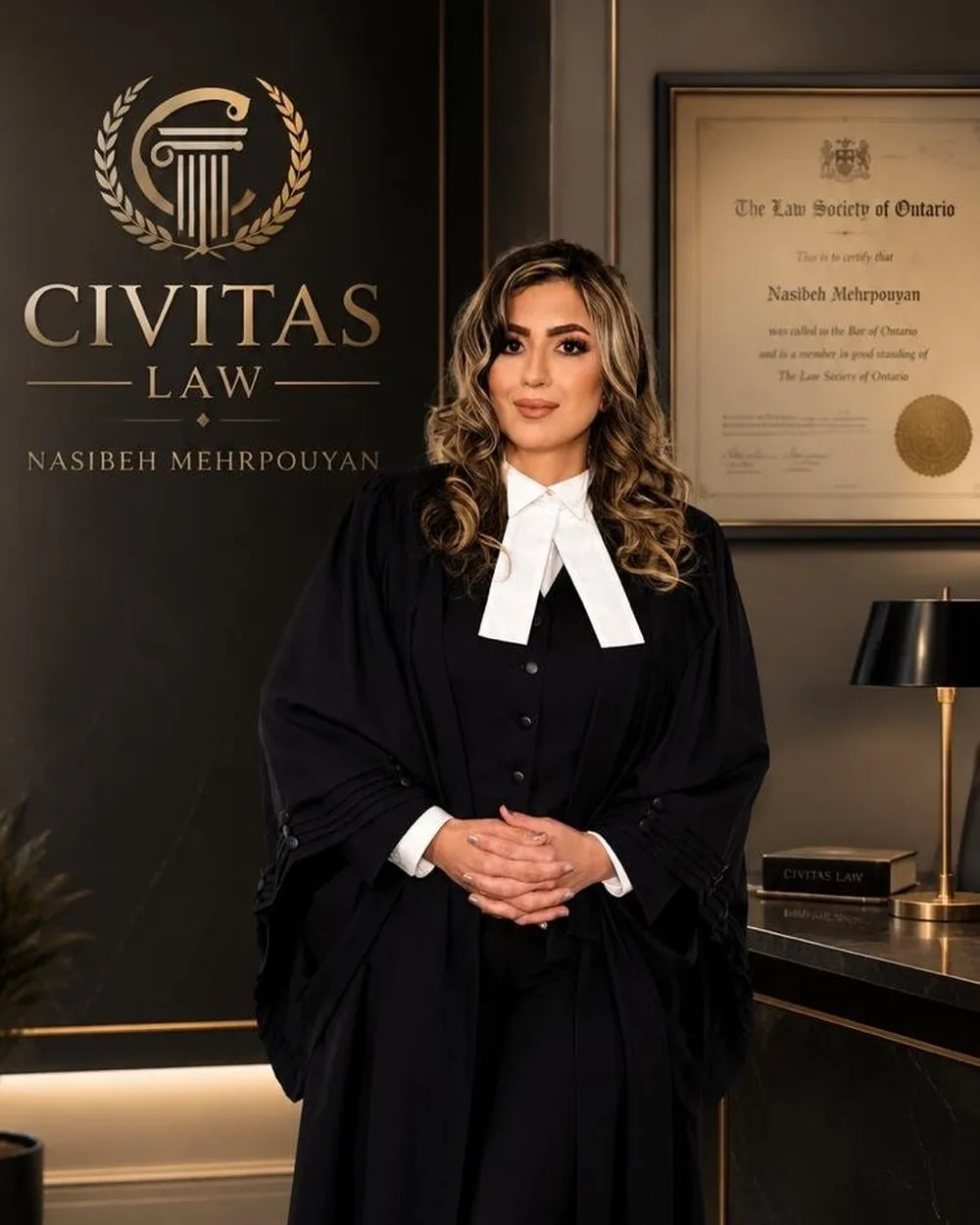 Nasibeh Mehrpouyan, Barrister and Solicitor, at the Civitas Law office beside her Law Society of Ontario certificate