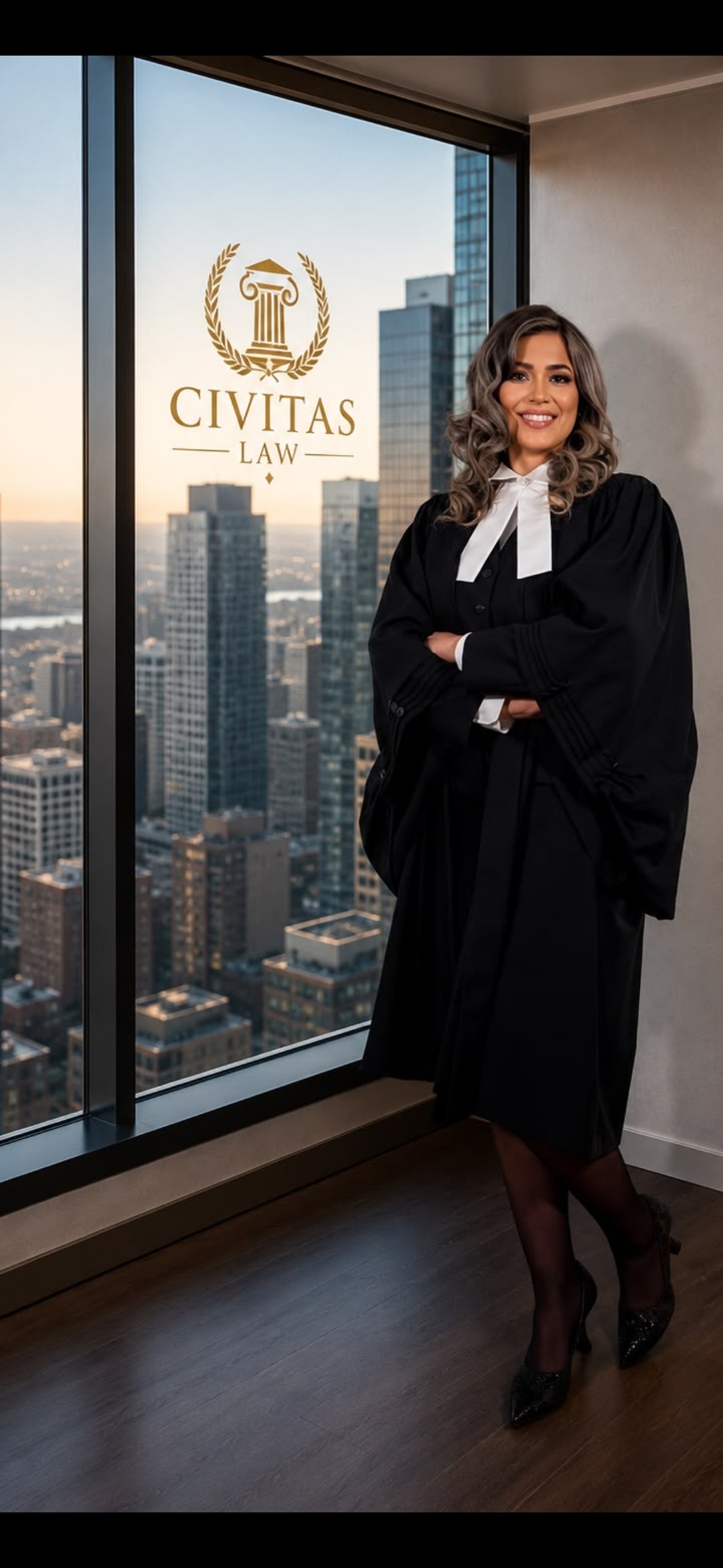 Nasibeh Mehrpouyan, Founder of Civitas Law, standing in front of a Toronto skyline window